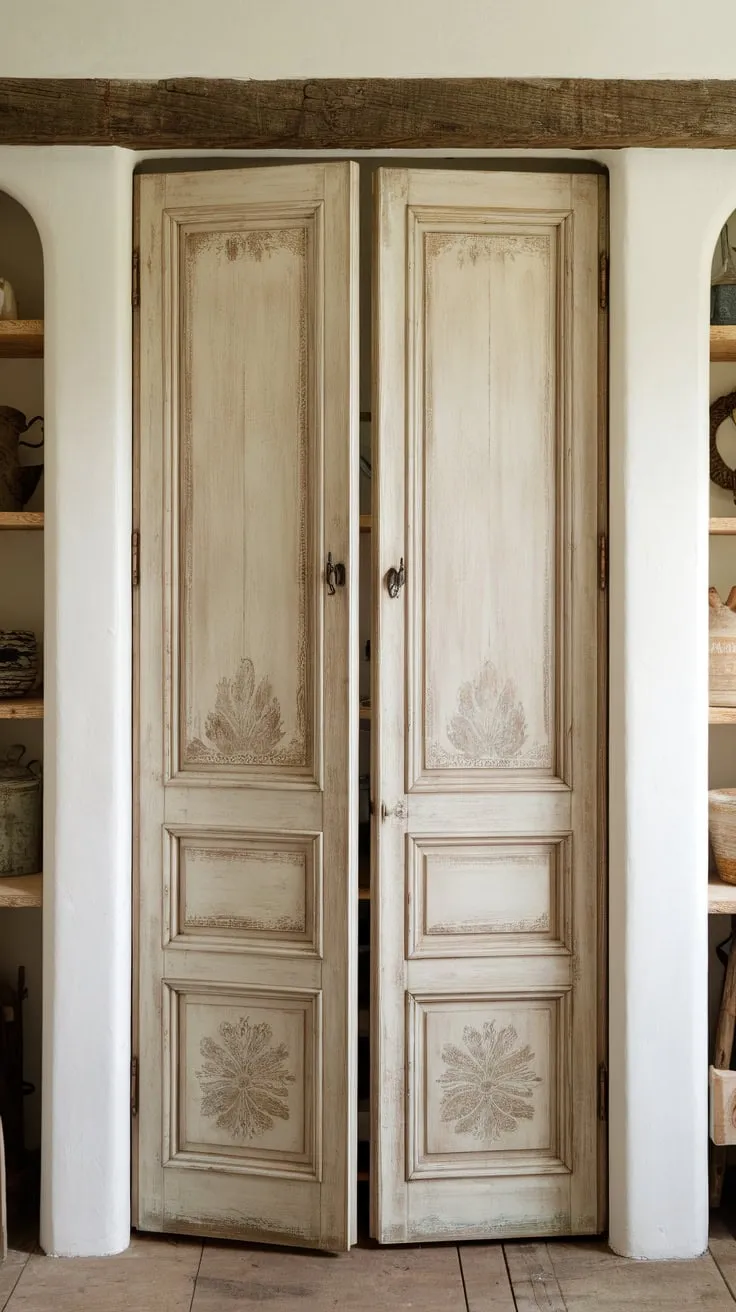 A charming light-hued French country bifold pantry door, distressed and wood-crafted, adds rustic elegance to a small pantry.