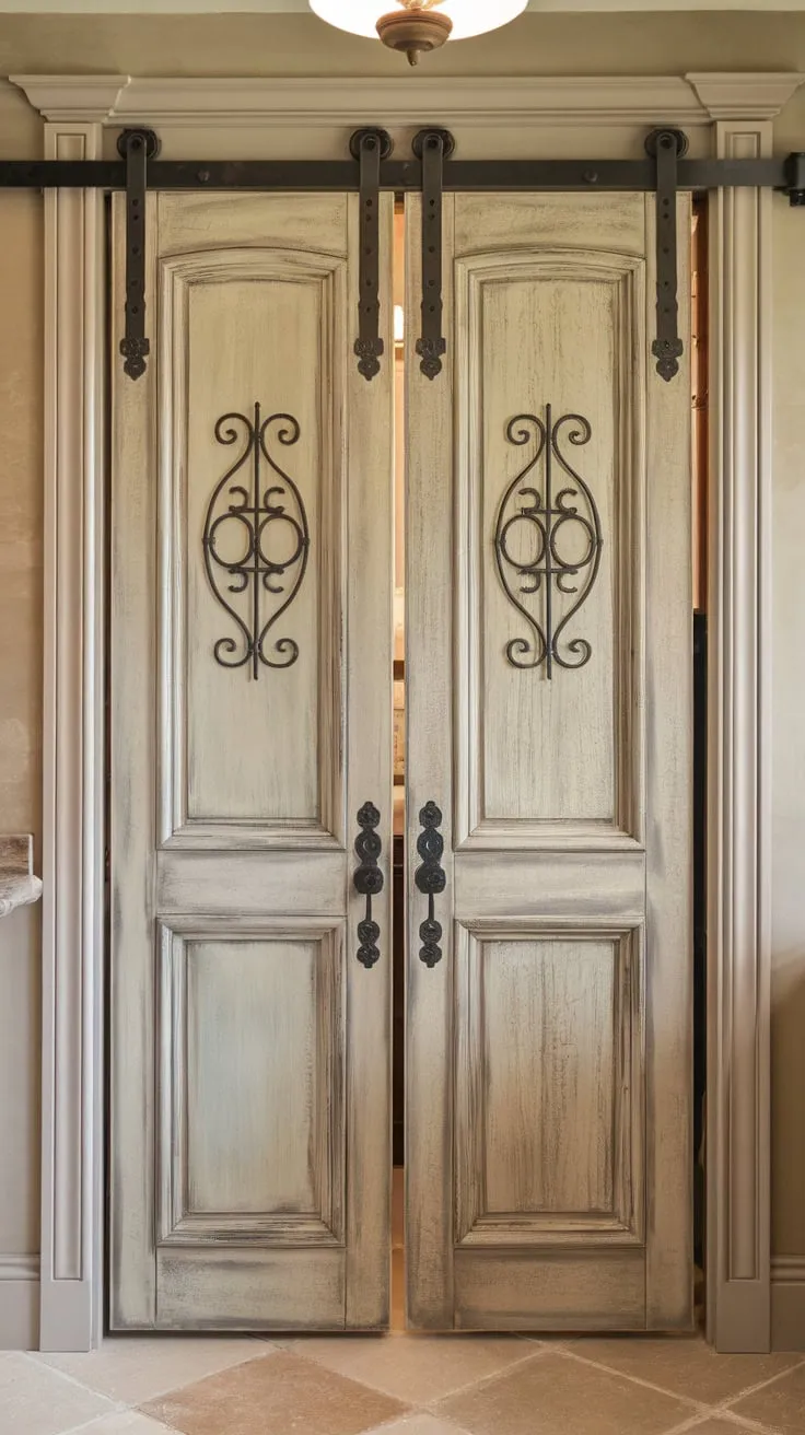 Distressed wood and decorative iron hardware transform a simple pantry door into a French country kitchen statement piece.