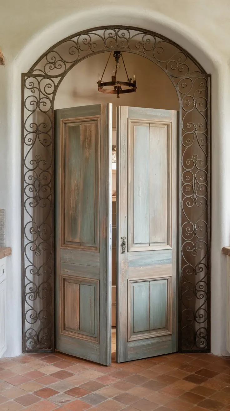 Distressed wood and wrought iron combine in a French country bifold pantry door, adding rustic elegance to a terra cotta-tiled kitchen.