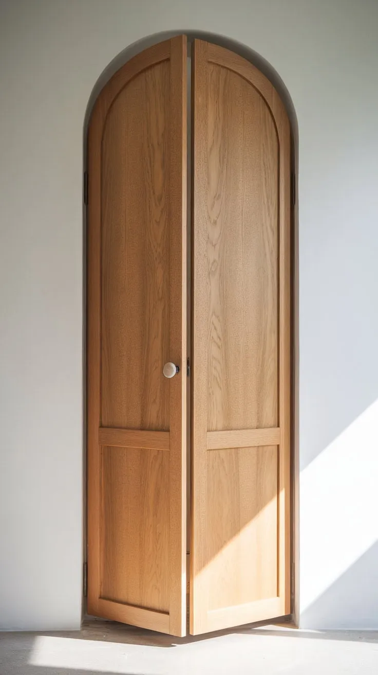 Sunlight illuminates a simple wooden bifold pantry door with a small knob, its shadow subtly marking the bright floor.