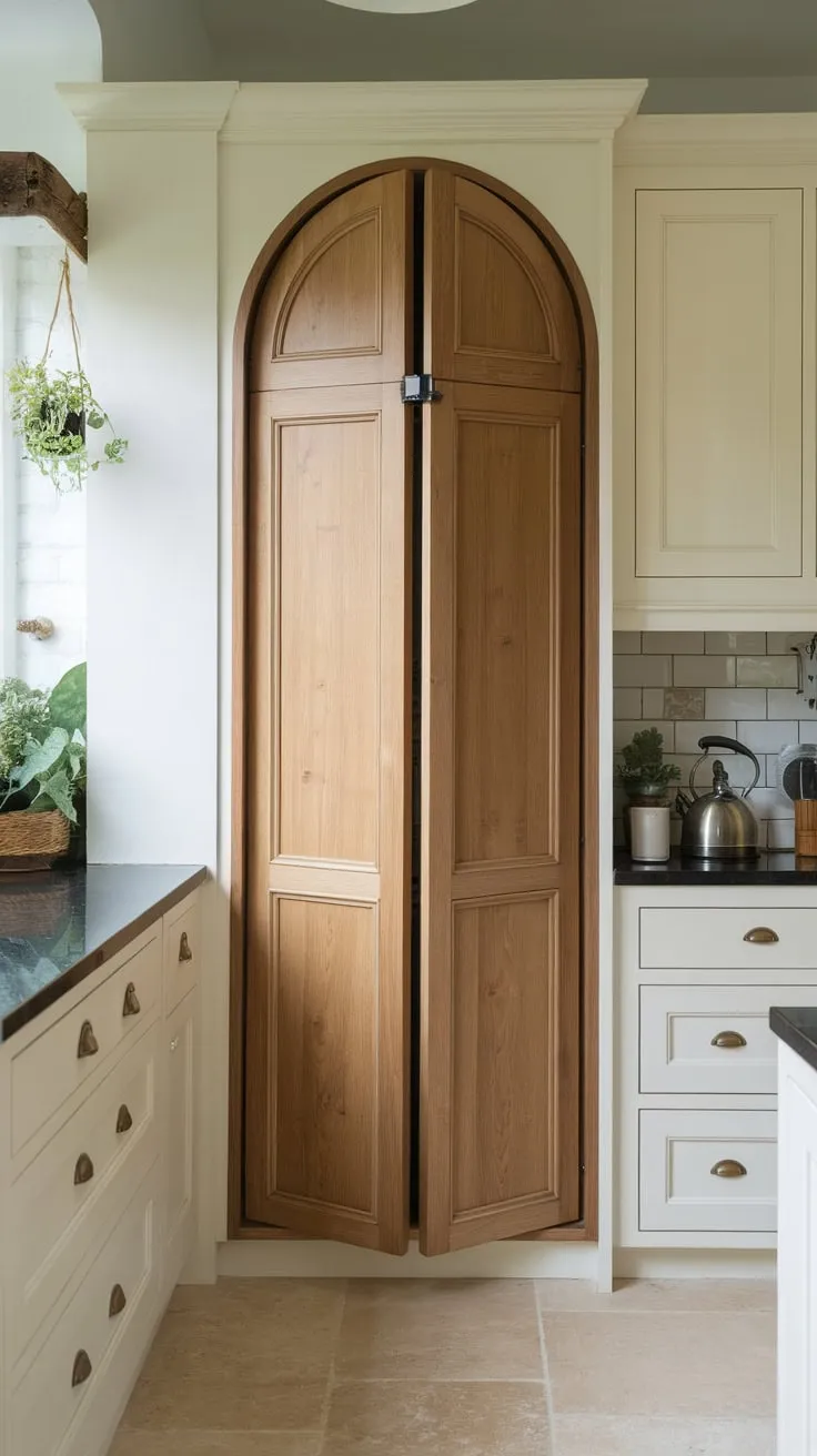 A simple arched wood bifold door elegantly conceals a small pantry within a stylish kitchen featuring white cabinetry, black countertops, and a view of greenery.