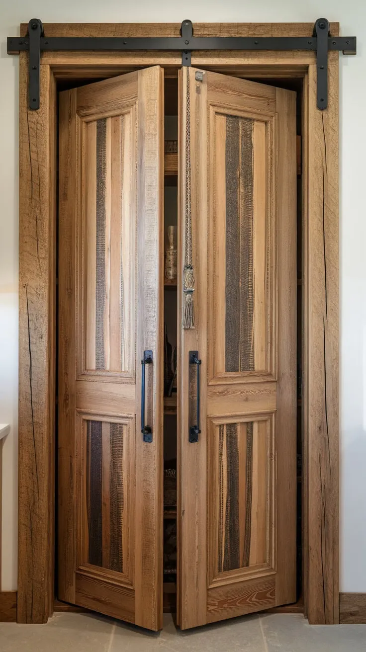 This beautiful, rustic wood bifold door brings French country charm to any pantry.
