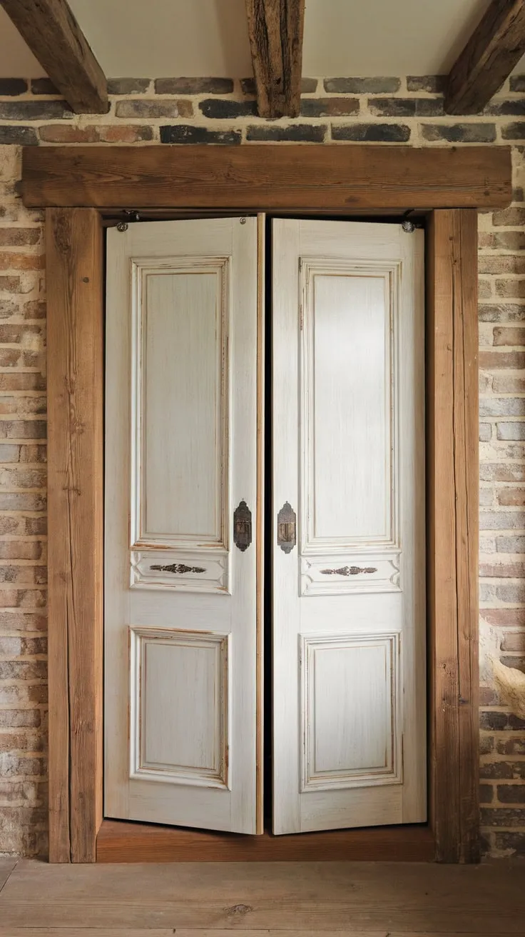 Distressed white wood and simple design create a French country pantry door perfect for a rustic kitchen.