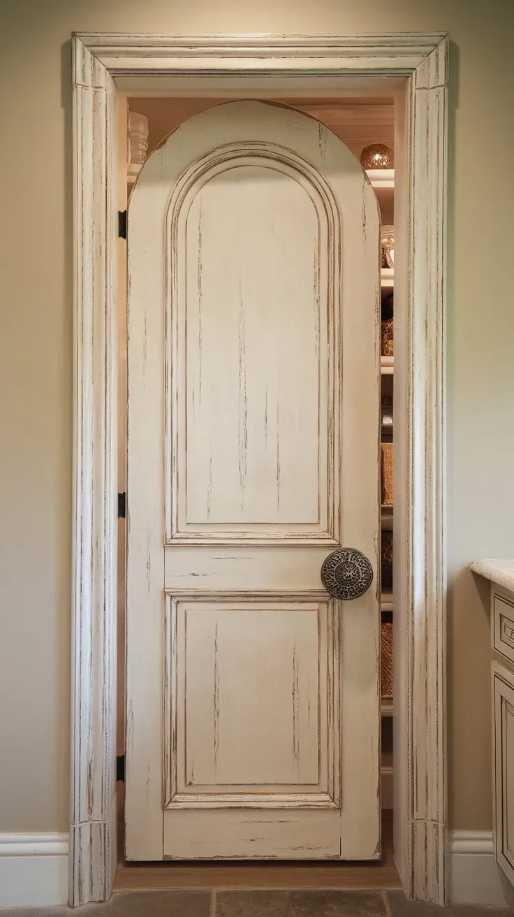 A small, custom-built off-white pantry door, boasting a French country design and ornate knob, adds rustic elegance to a beige kitchen.