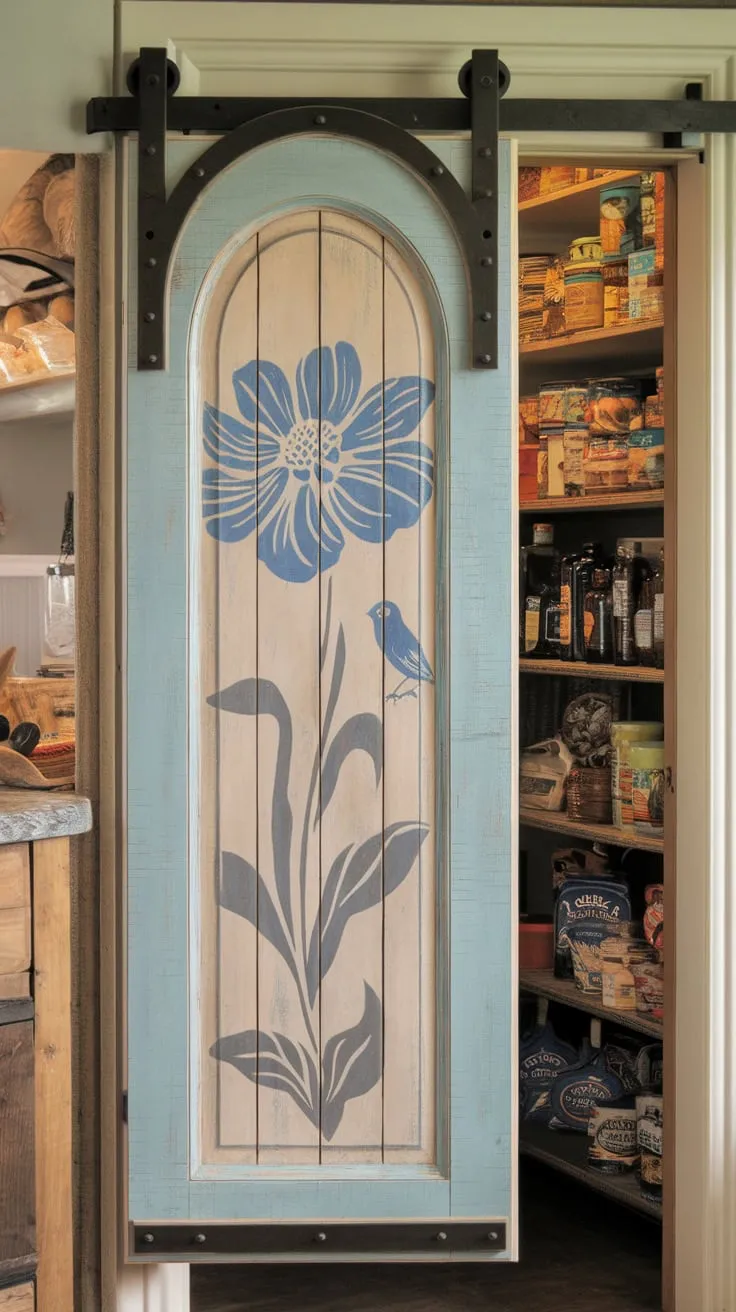 A distressed wood door, custom-built in a French country style, reveals a cozy pantry brimming with culinary delights.