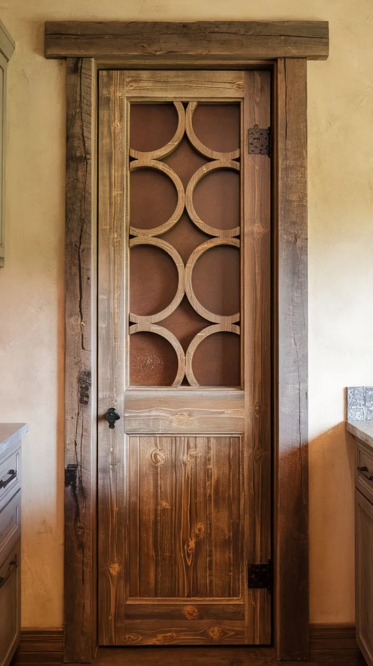 This small, custom-made pantry door boasts a unique, earthy French country design featuring a captivating circle pattern.