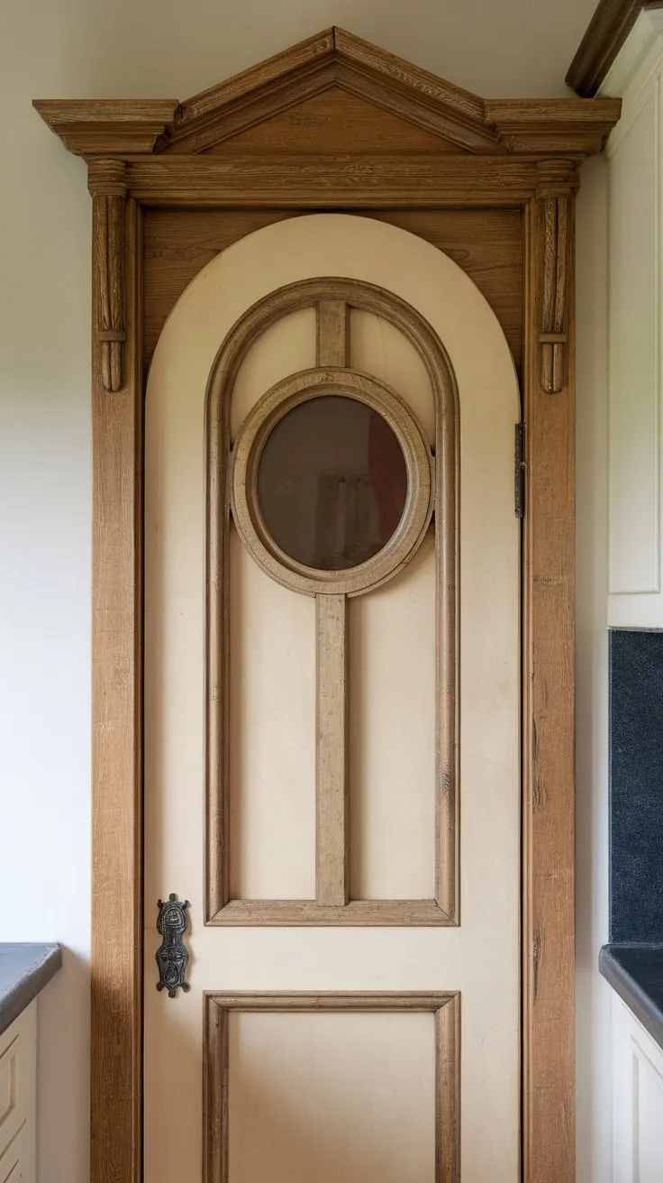 A small wooden pantry door adds rustic elegance with its distinctive round window and detailed design.