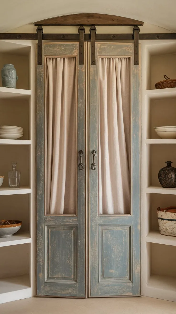 Rustic charm meets practical design in this space-saving bifold pantry door featuring a distressed finish and beige fabric curtain.