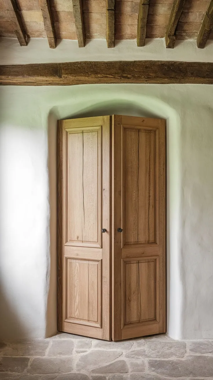 A charming French country kitchen features a natural wood bifold pantry door against a white wall, enhancing its rustic stone-floored charm.