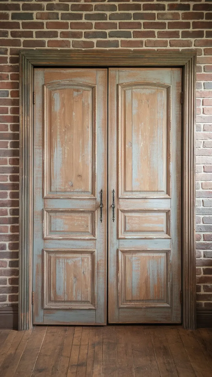 Soft light highlights the weathered wood grain of a charming French country bifold pantry door in a rustic setting.