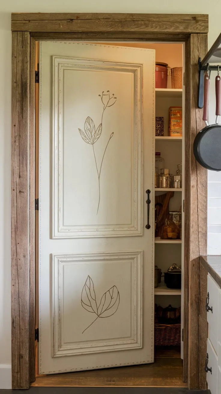 Rustic charm meets practical function in this distressed bifold pantry door, its simple elegance enhancing a cozy kitchen setting.