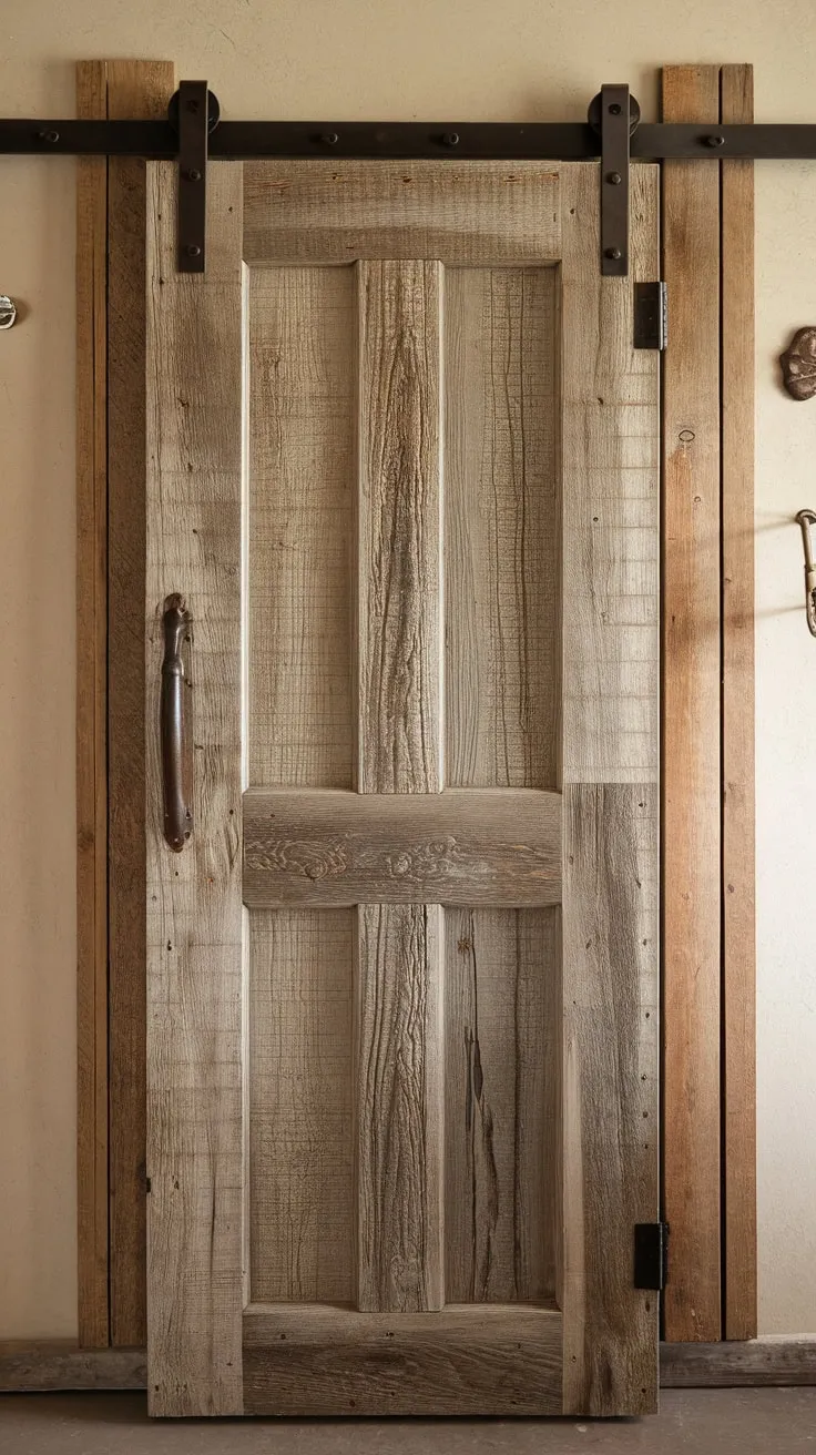 A weathered French country pantry door, rich with wood grain and rustic charm, hangs on a simple frame.