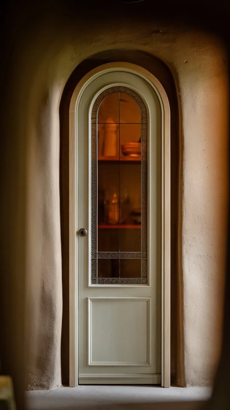 Elegant glass and wood combine in a small pantry door design, creating a warm and inviting focal point against a textured wall.