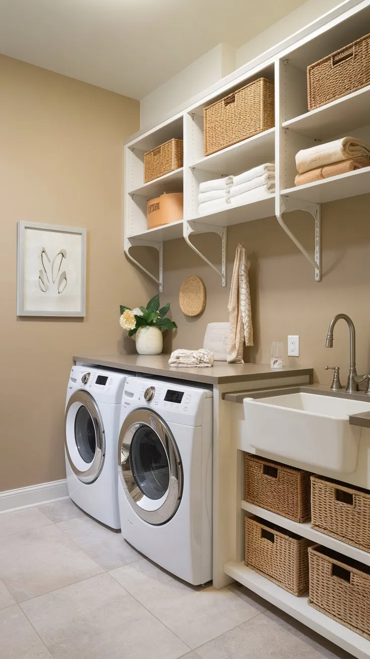 Maximize space and efficiency with a combined laundry and pantry room featuring washer, dryer, sink, and organized storage.