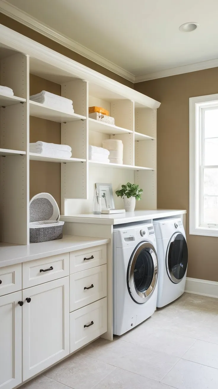 Maximize space and efficiency with a stylish pantry-laundry combo featuring white cabinetry, ample shelving, and a bright window.