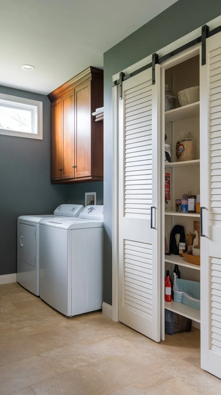 Maximize space and efficiency with a stylish laundry room pantry combo featuring sleek appliances and ample storage.