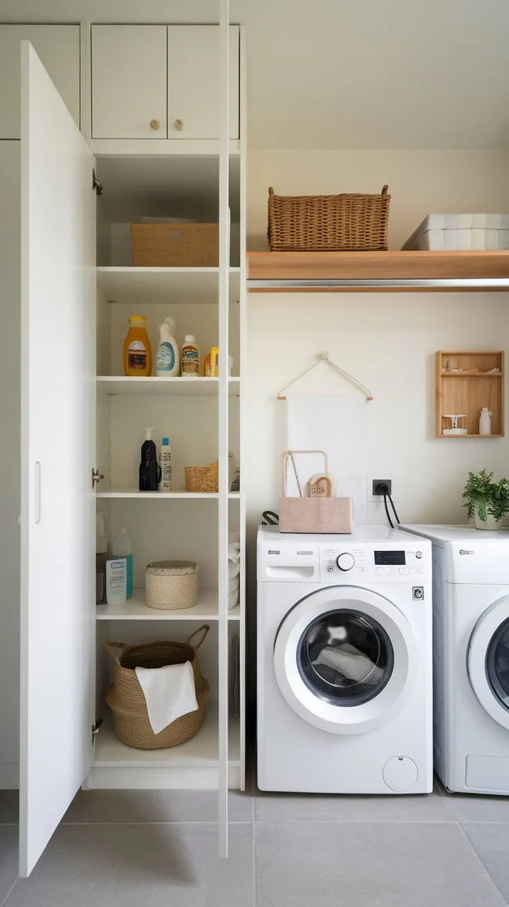 A stylish tiled laundry room cleverly integrates a white pantry cabinet for seamless organization and convenience.