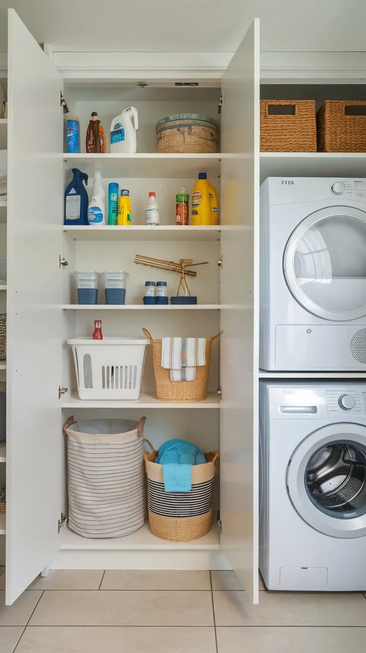 A tiled pantry-laundry combo boasts efficient storage, a washer and dryer, and readily accessible cleaning supplies.
