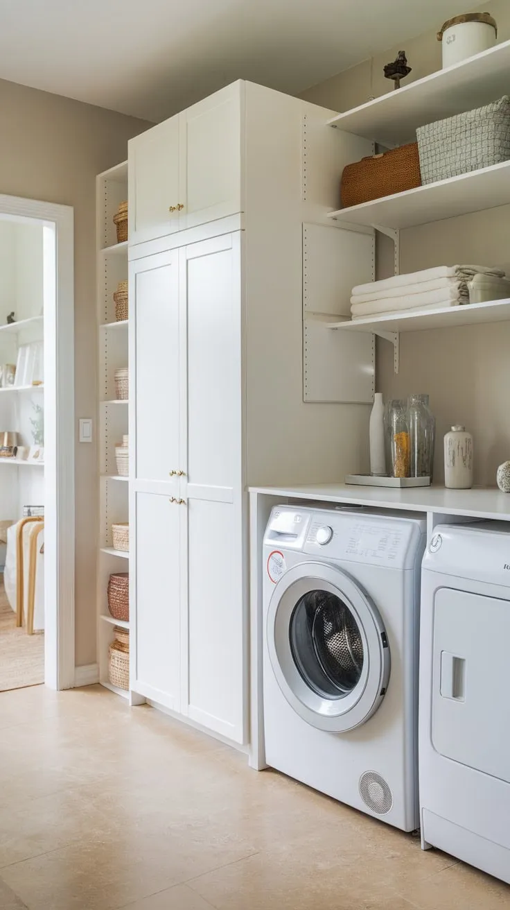 Streamlined design unites laundry and pantry essentials in a space-saving, light-filled room with white cabinets and beige flooring.