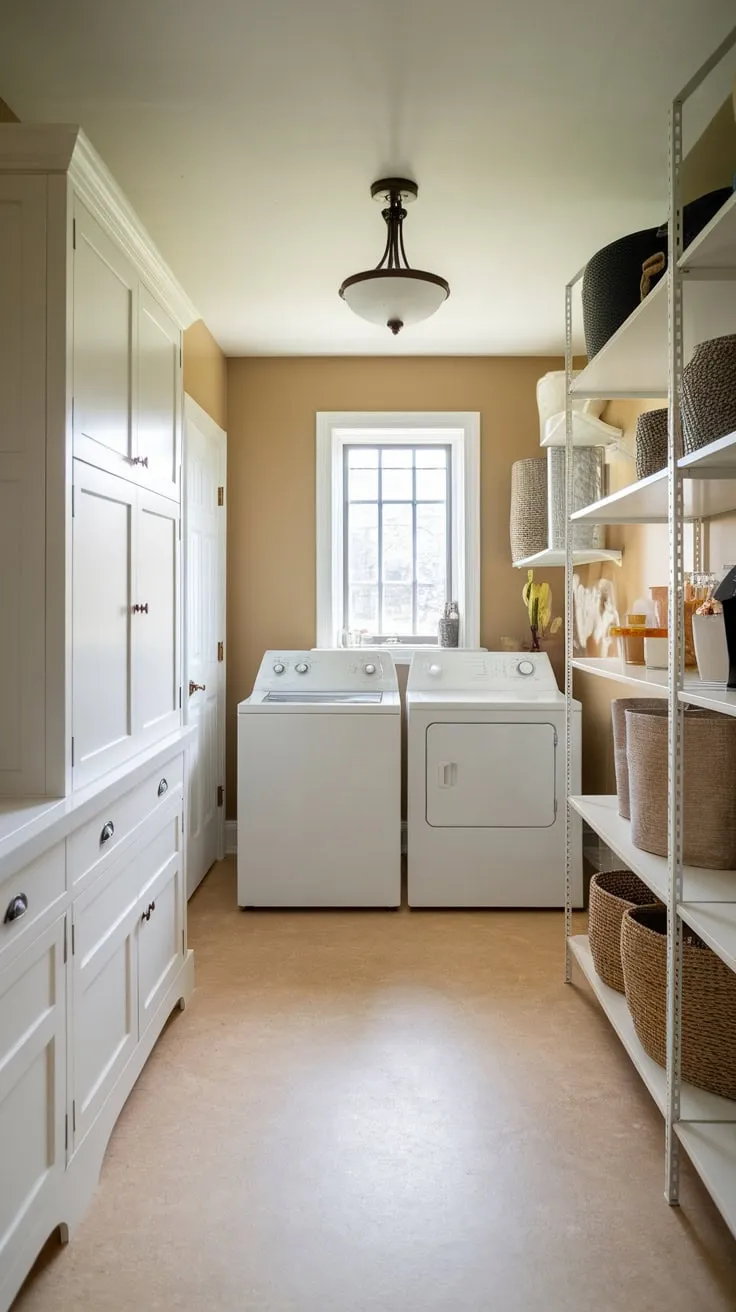 A bright beige pantry-laundry combo seamlessly blends efficient storage, laundry appliances, and natural light.