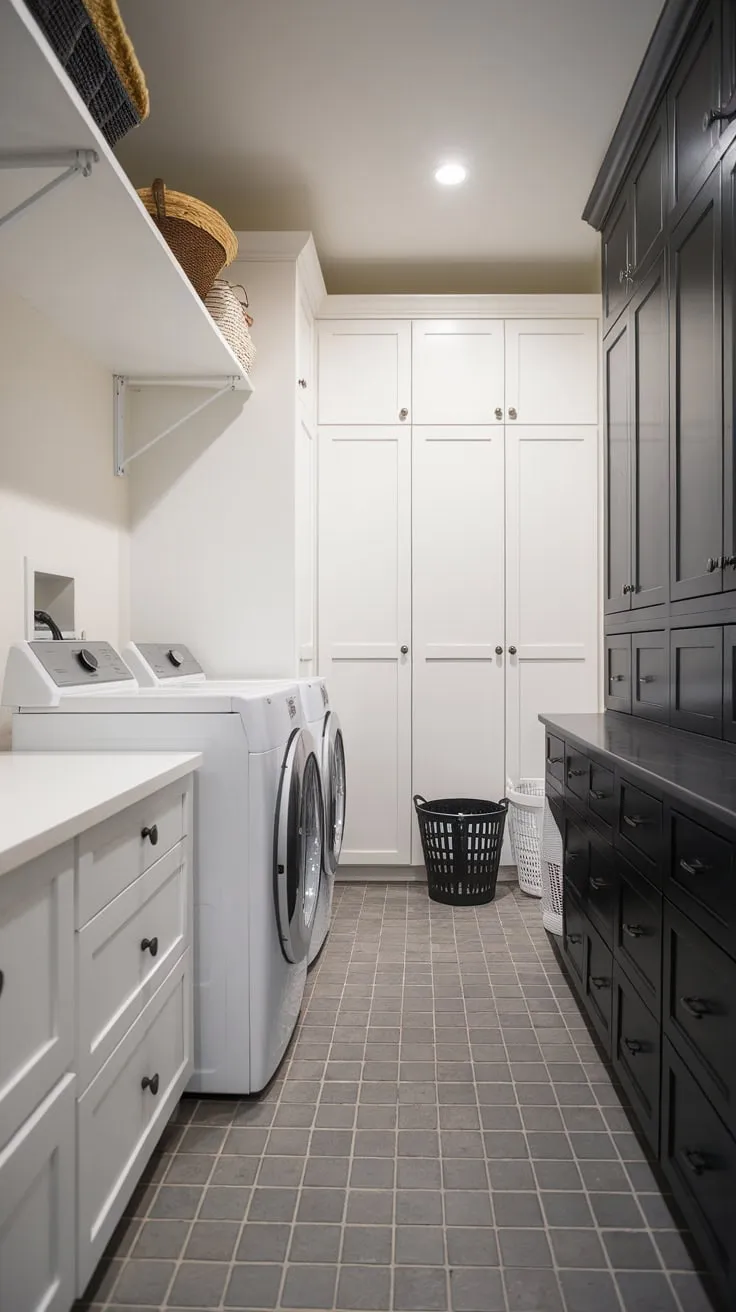 Sleek grey-tiled flooring complements crisp white appliances and cabinetry in this efficient pantry-laundry room combo