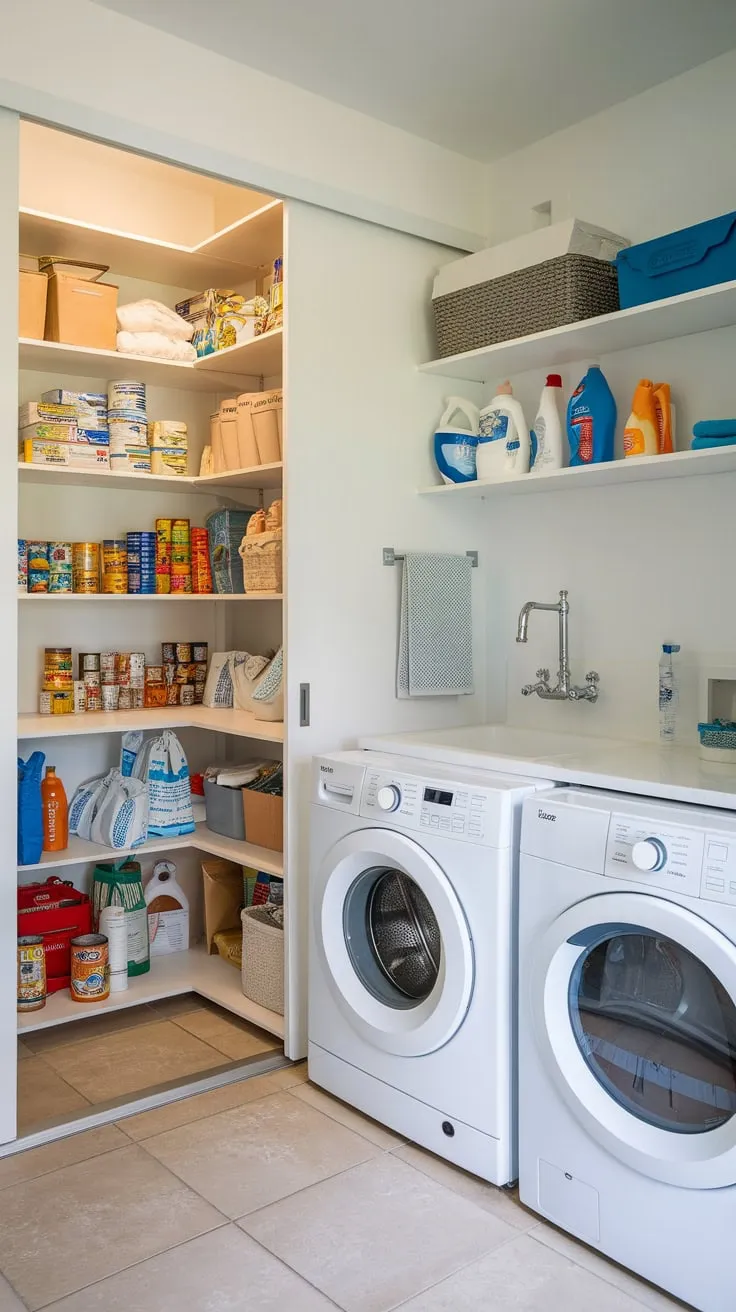 A tiled laundry room cleverly integrates a pantry, streamlining chores and maximizing storage in a single space.