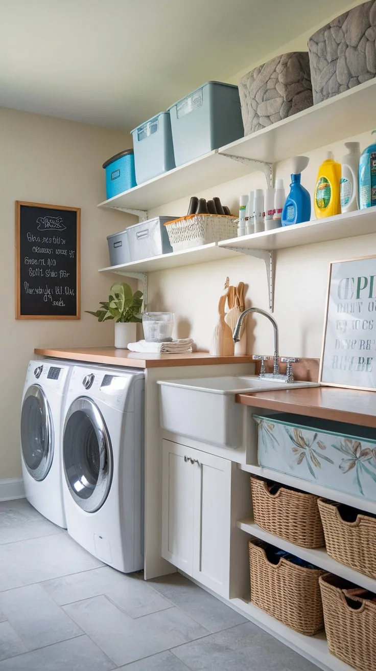 Maximize space and efficiency with a combined pantry-laundry room featuring washer, dryer, sink, and ample storage.