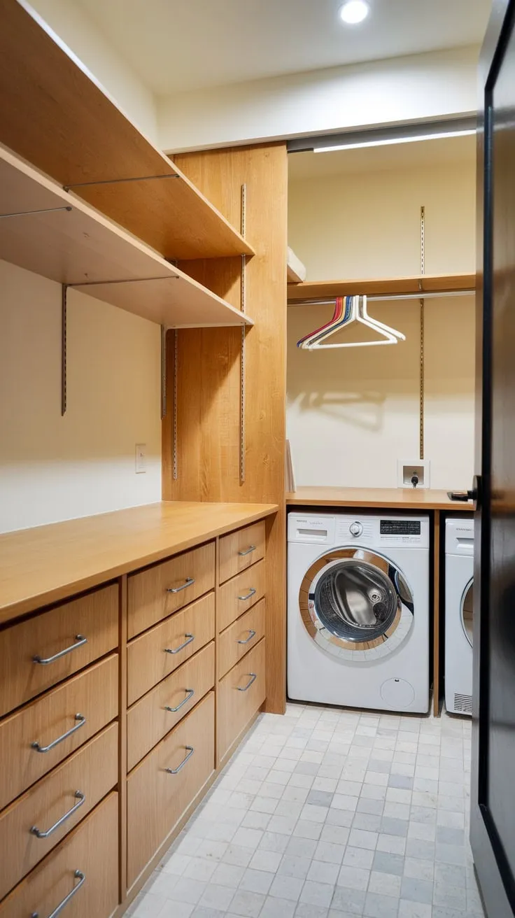 A combined pantry and laundry room offers efficient storage and cleaning in one tiled space.