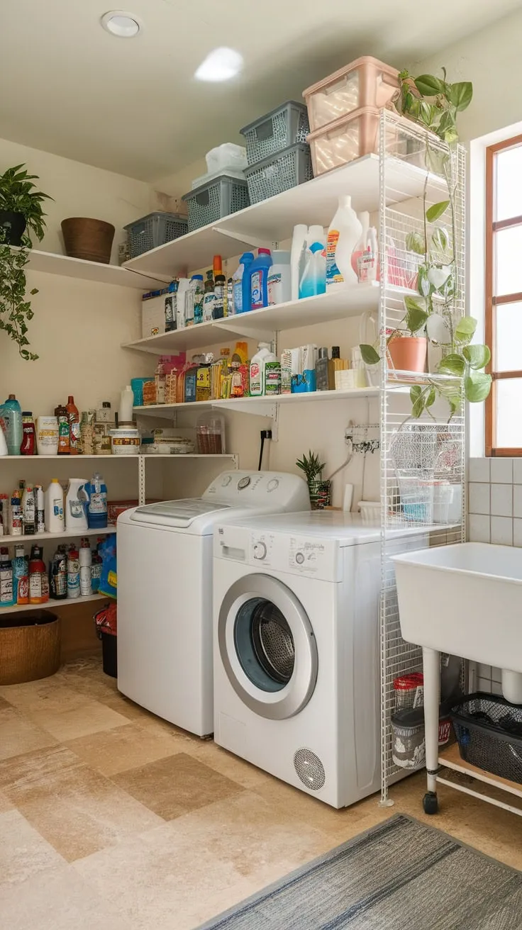 Efficiently blending laundry and pantry functions, this room cleverly combines a washer, dryer, cleaning supplies, and storage in a sunlit space.