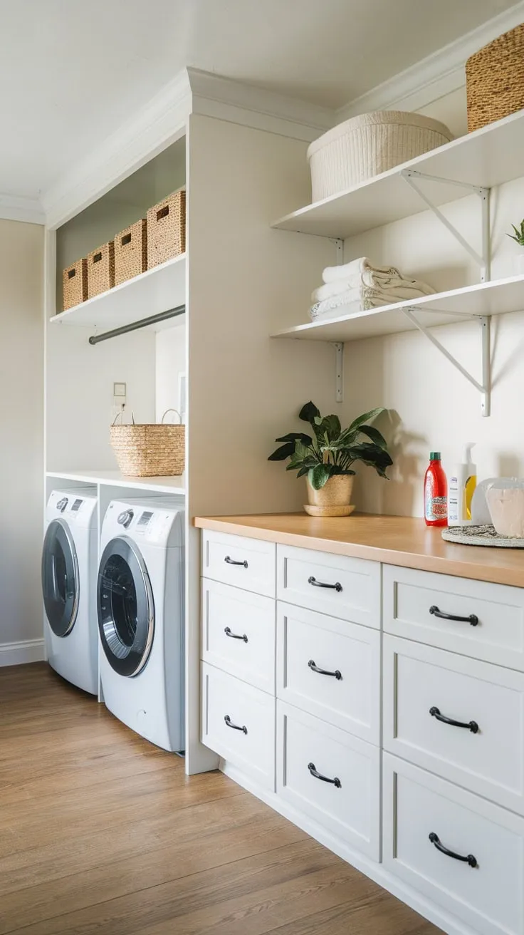 A combined pantry and laundry room offers streamlined functionality and a surprisingly chic aesthetic.