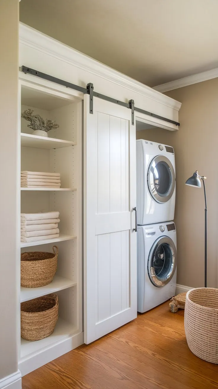 Efficient space-saving design unites laundry and pantry functions in a charming room with a white corner cabinet, stacked appliances, and rustic wood floors.