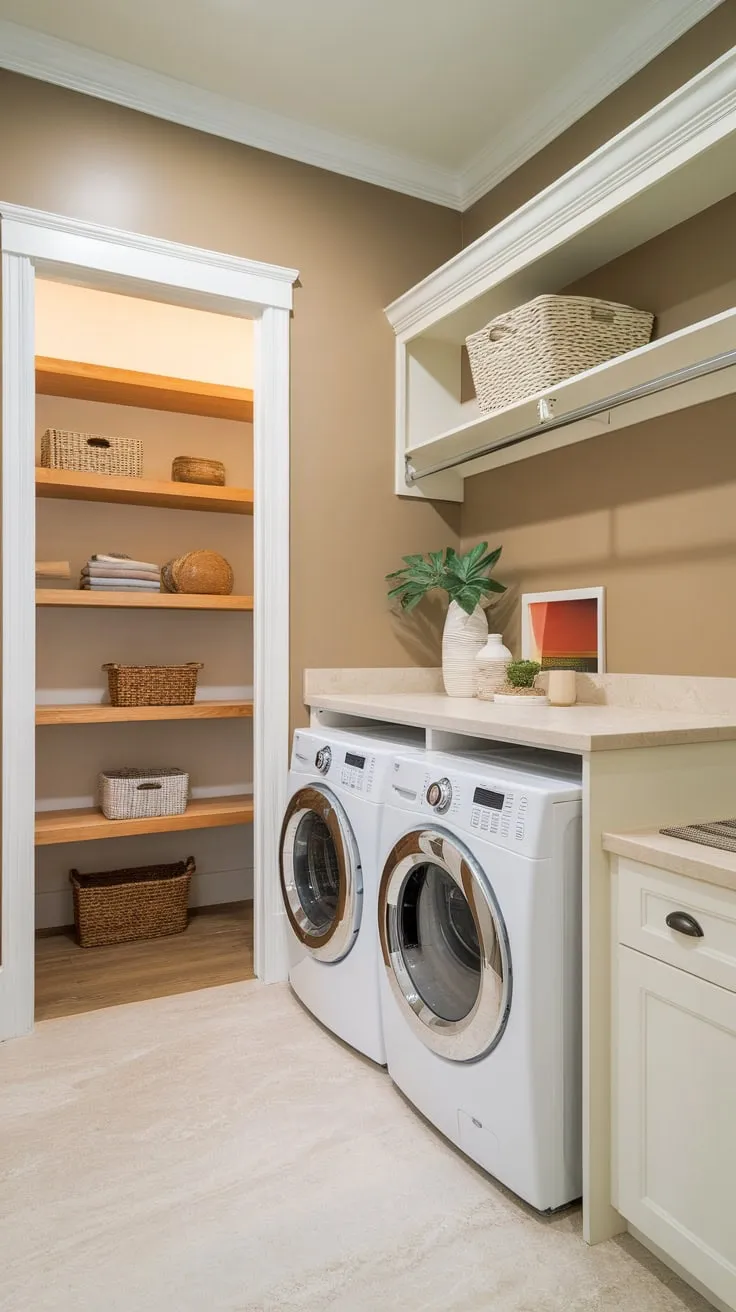 Beige walls and white cabinets create a bright, functional laundry-pantry combo perfect for streamlined home organization.