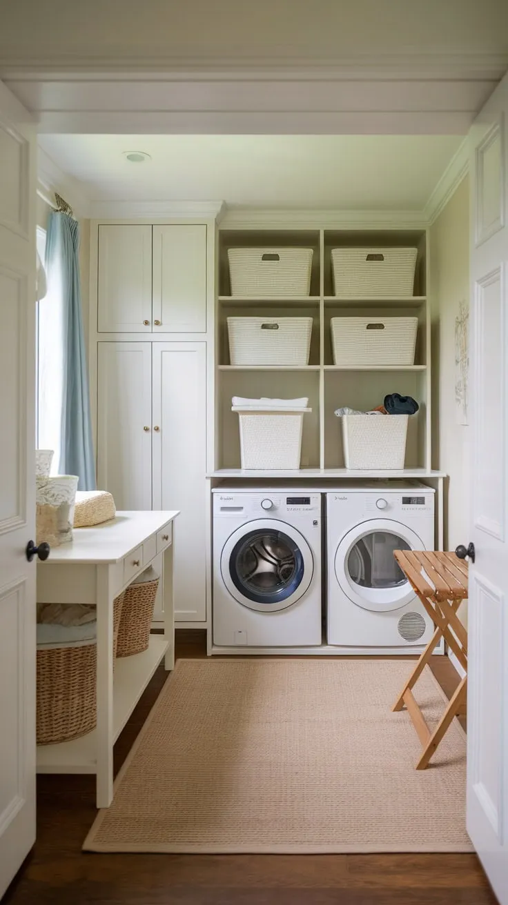 White cabinets, a washer-dryer set, and a beige rug create a functional yet inviting laundry and pantry space.