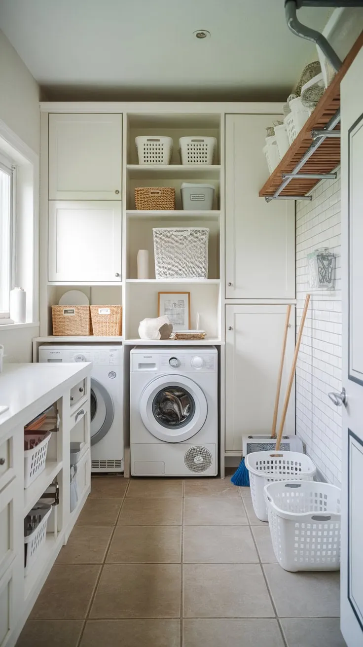 A bright, efficient laundry room seamlessly integrates ample pantry storage, maximizing space and functionality.