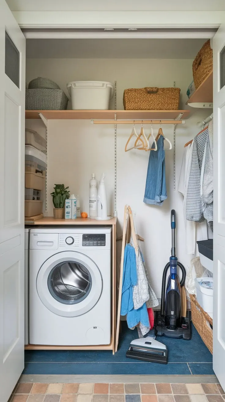 A tiled laundry room cleverly integrates pantry storage alongside laundry appliances for a streamlined, space-saving design.