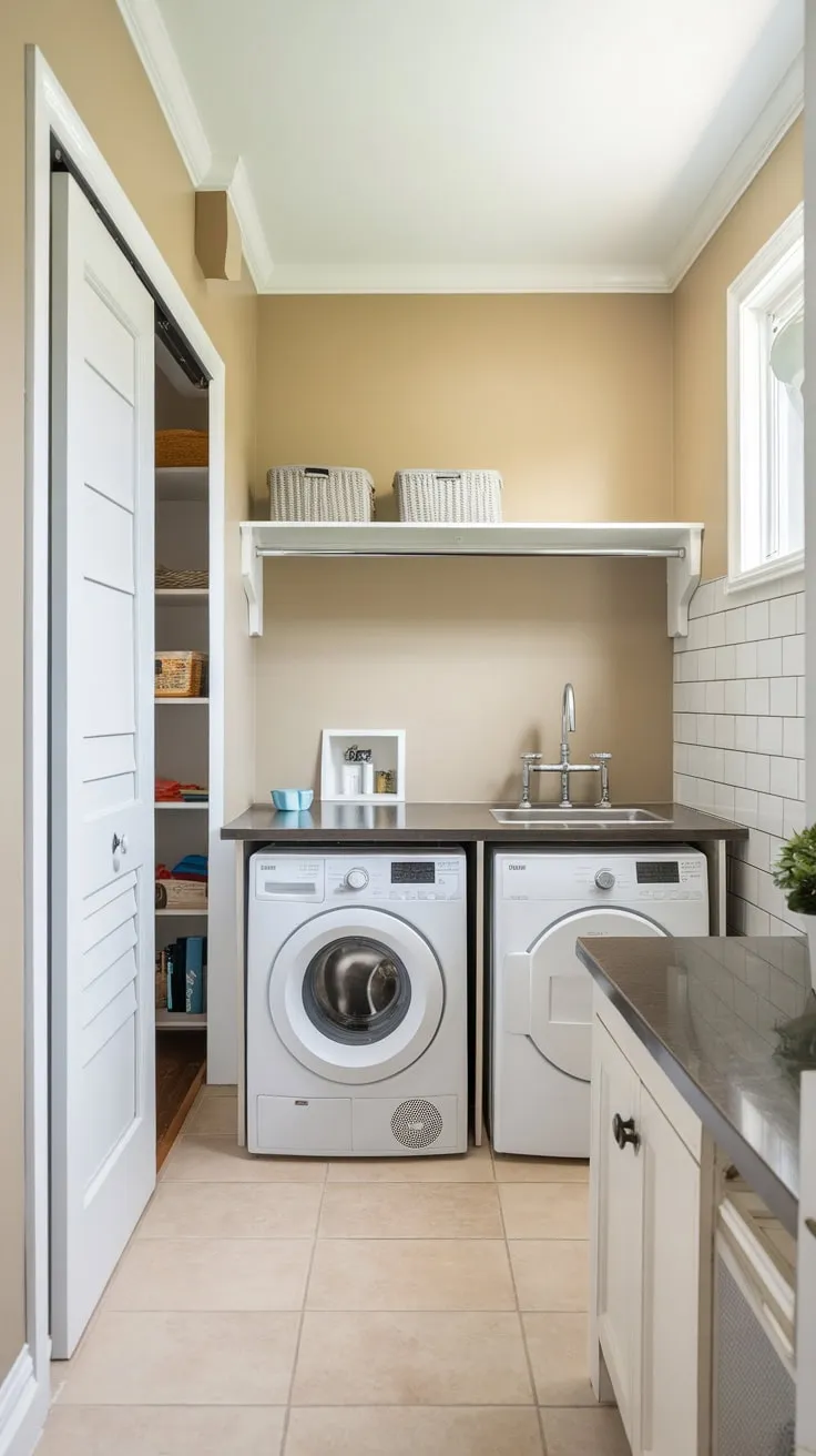 A well-organized pantry-laundry combo offers streamlined functionality in a compact, stylish space.