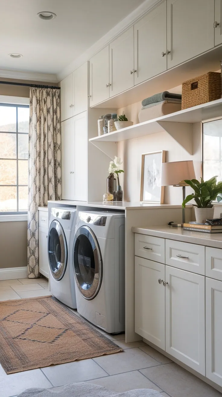 A bright, efficient pantry-laundry combo boasts white cabinets, stacked washer/dryer, and charming window-side details.