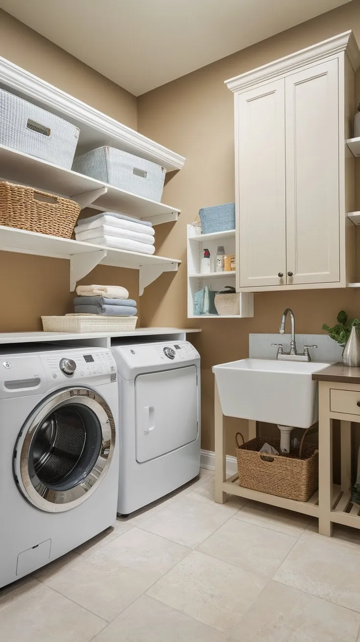 A beige-walled tiled room efficiently combines laundry essentials—washer, dryer, and sink—with ample pantry storage for cleaning supplies and groceries