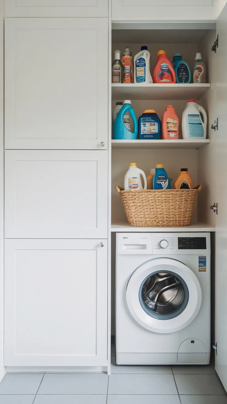 A white-cabinet pantry seamlessly integrates laundry essentials, creating a stylish and efficient space.