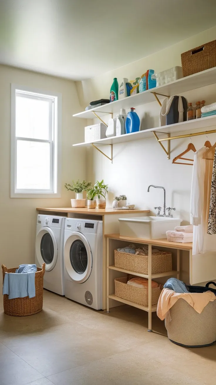 Maximize space and efficiency with a combined laundry room and pantry featuring washer, dryer, sink, and ample storage for cleaning supplies and clothes.