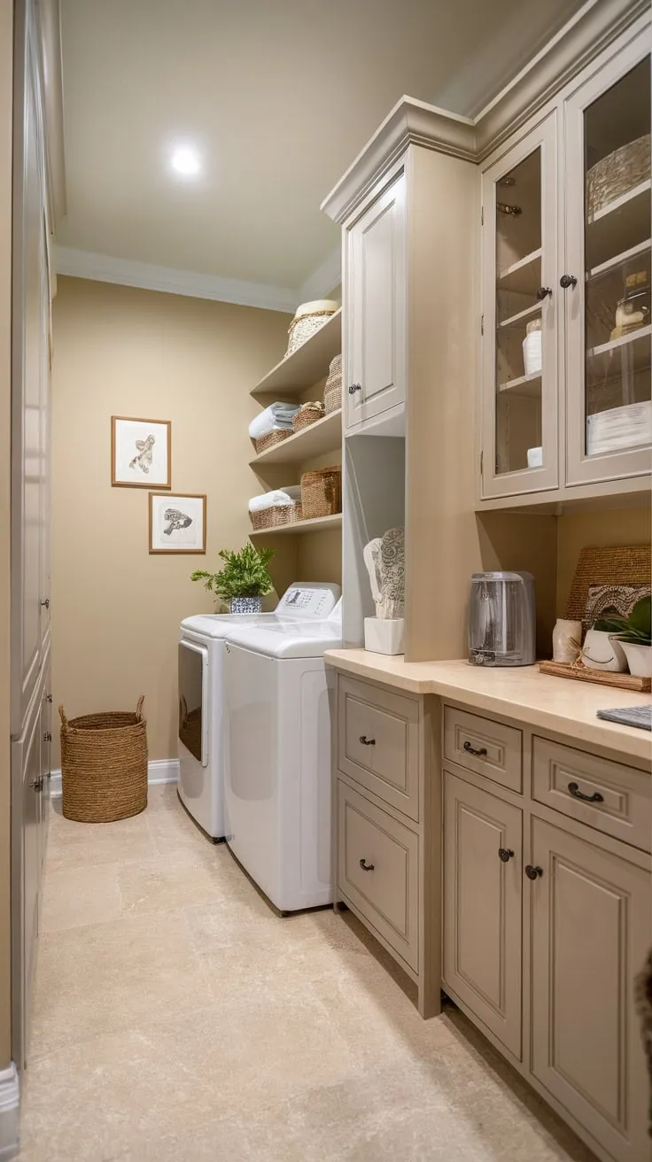 Beige tile floors and a well-lit space create a functional yet inviting laundry and pantry area.
