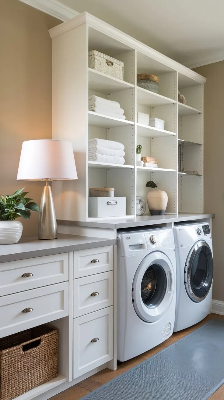 Maximize space and style with a combined pantry and laundry room featuring white cabinetry, stacked washer/dryer, and a cozy countertop accent.