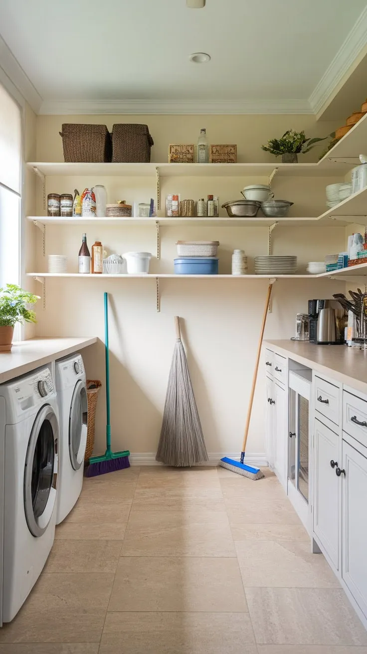 Maximize space and streamline chores in a stylish laundry-pantry combo featuring white cabinets, beige tile, and ample storage for both cleaning and kitchen essentials.