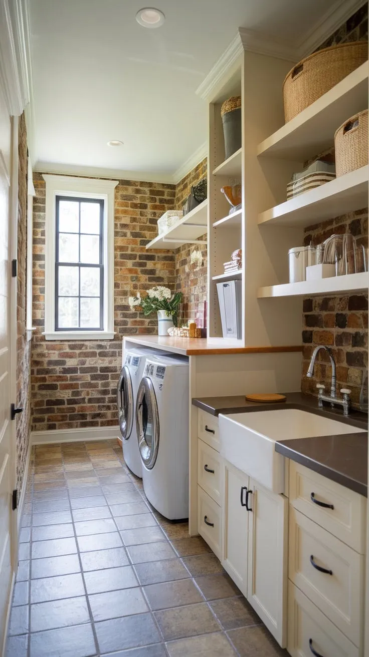 A stylish and efficient laundry pantry combo boasts brick detailing, tile floors, and convenient built-in storage.