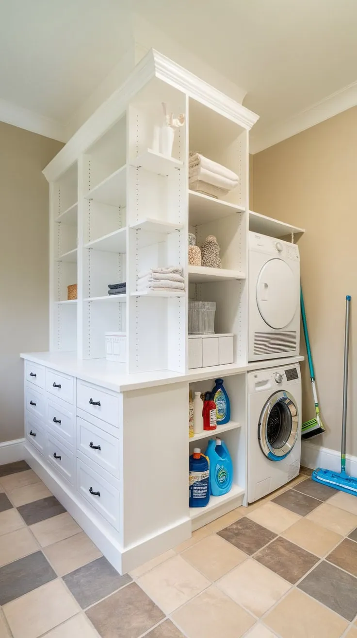 A streamlined beige-toned space cleverly combines laundry essentials with ample pantry storage in a single, efficient room