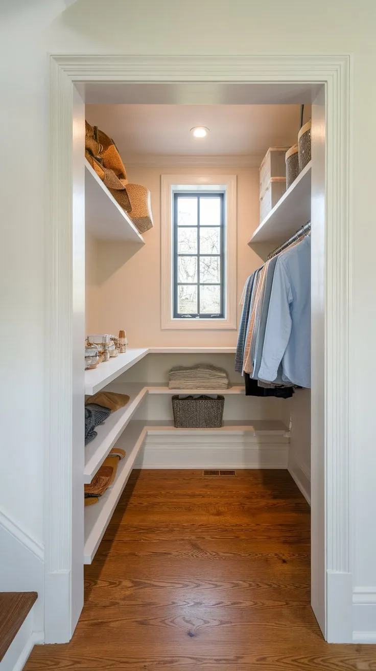 Clever shelving transforms a small under-stairs closet into a functional pantry with added hanging storage.