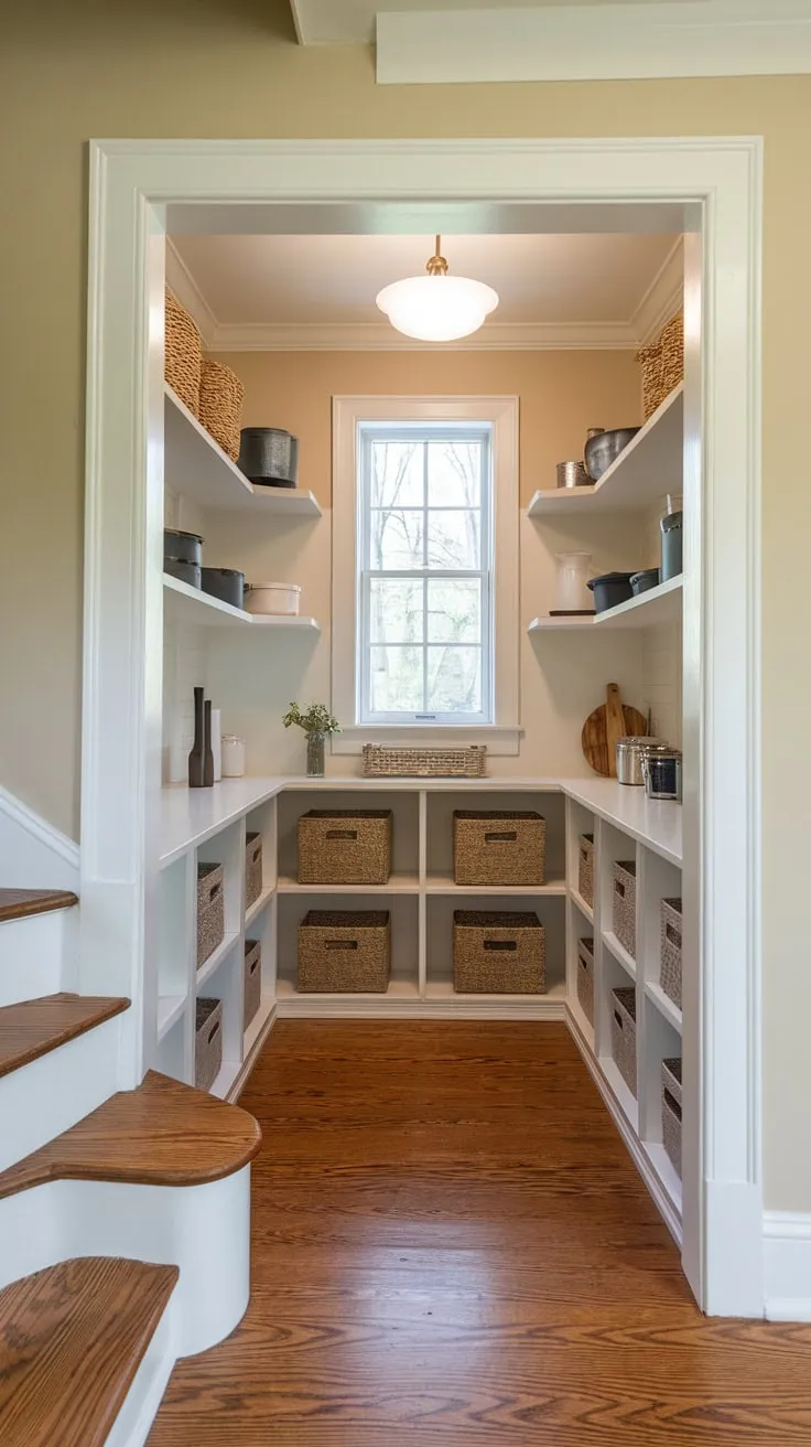 Custom shelving transforms a cramped closet into a functional and bright pantry under the stairs.