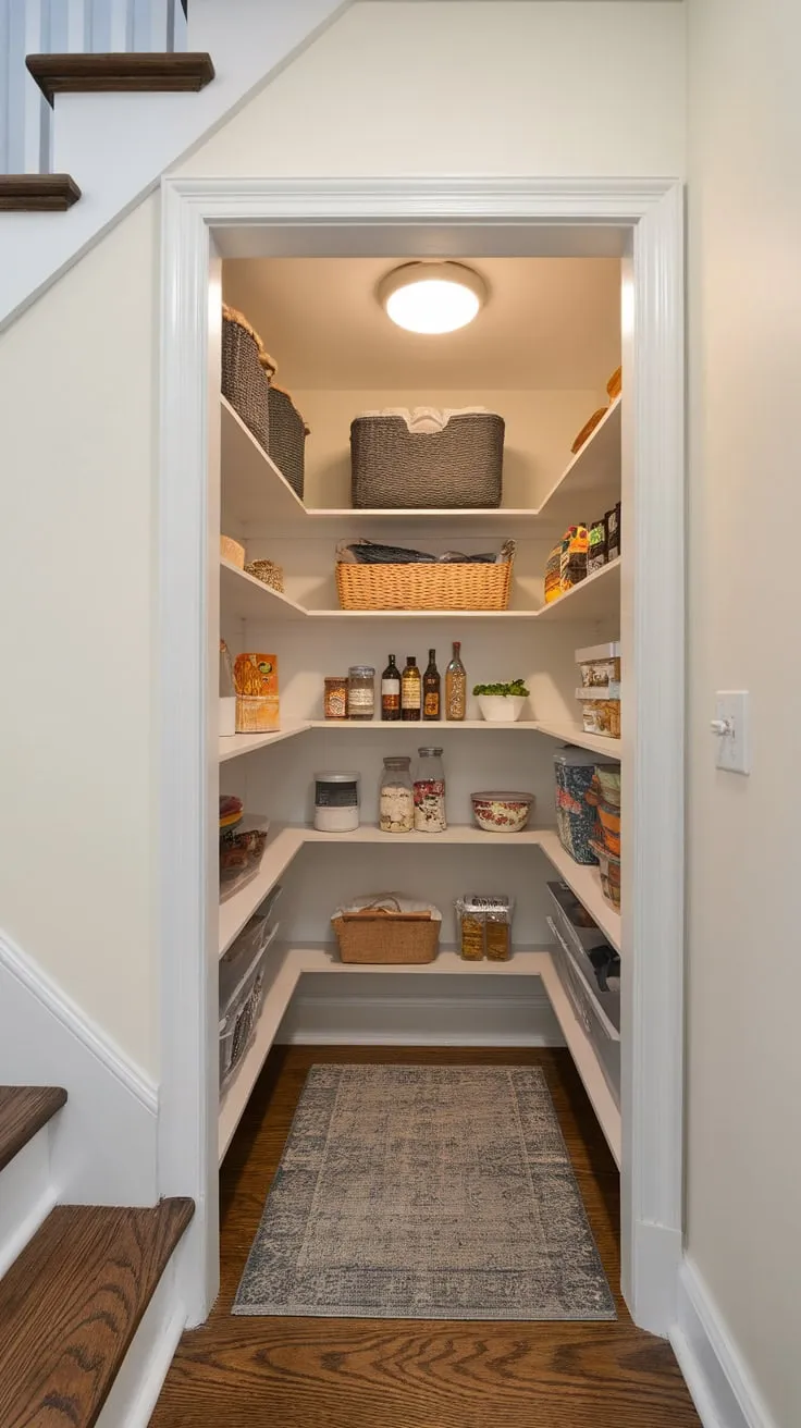 A remodeled under-stair closet boasts bright white walls, custom pantry shelving, and a cozy rug, maximizing small-space storage.