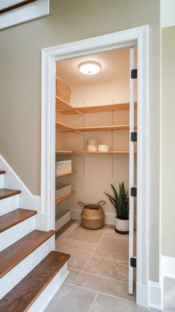 A remodeled under-stair pantry boasts clean wooden shelving, soft lighting, and efficient organization in a small space