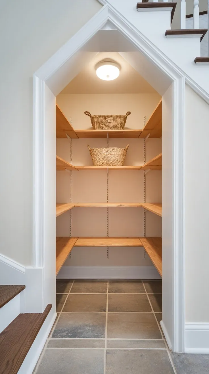 A renovated under-stair pantry boasts clean tiled floors, custom wooden shelving, and a decorative basket, maximizing small-space storage.